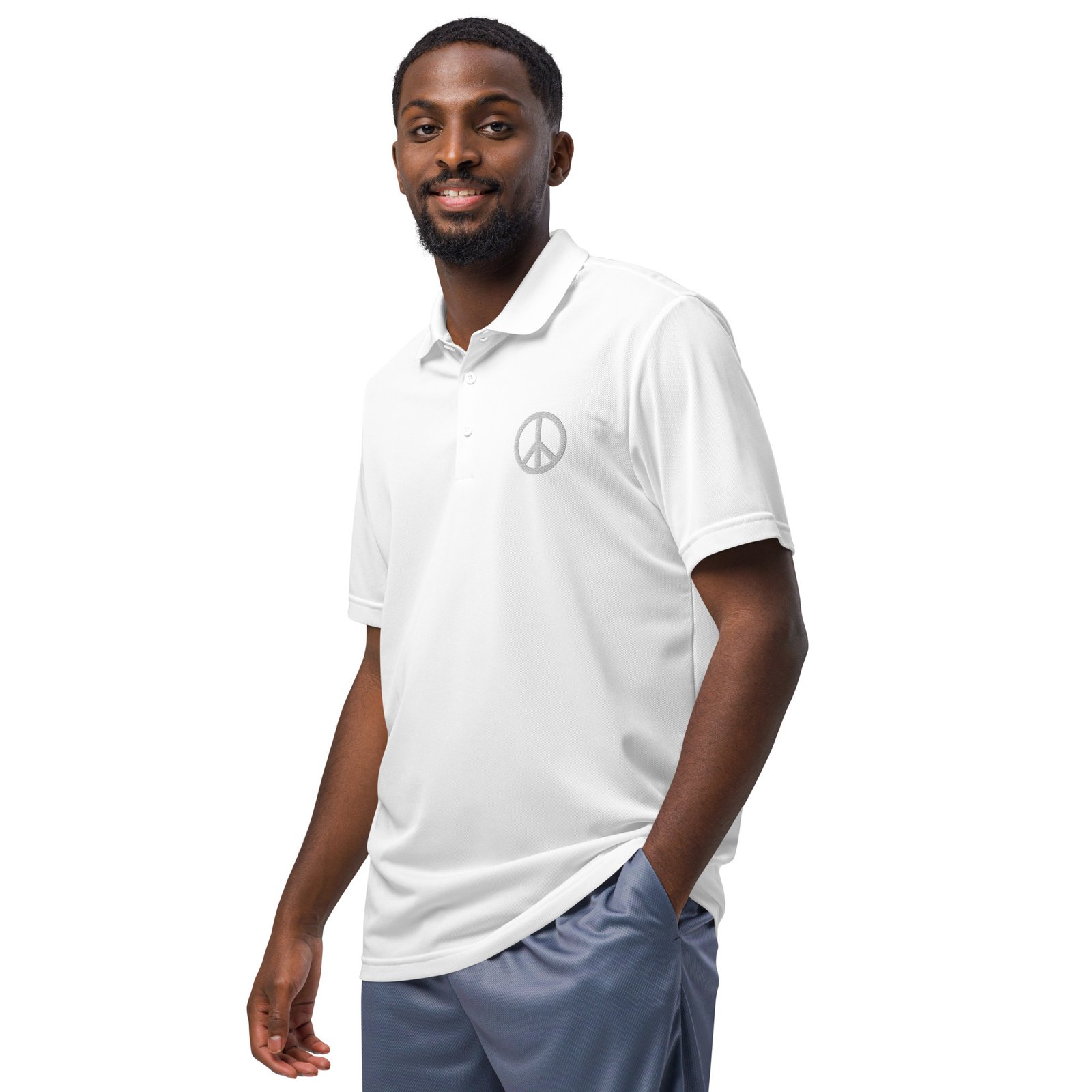 Embroidered White Peace Sign on White Adidas Sport Polo