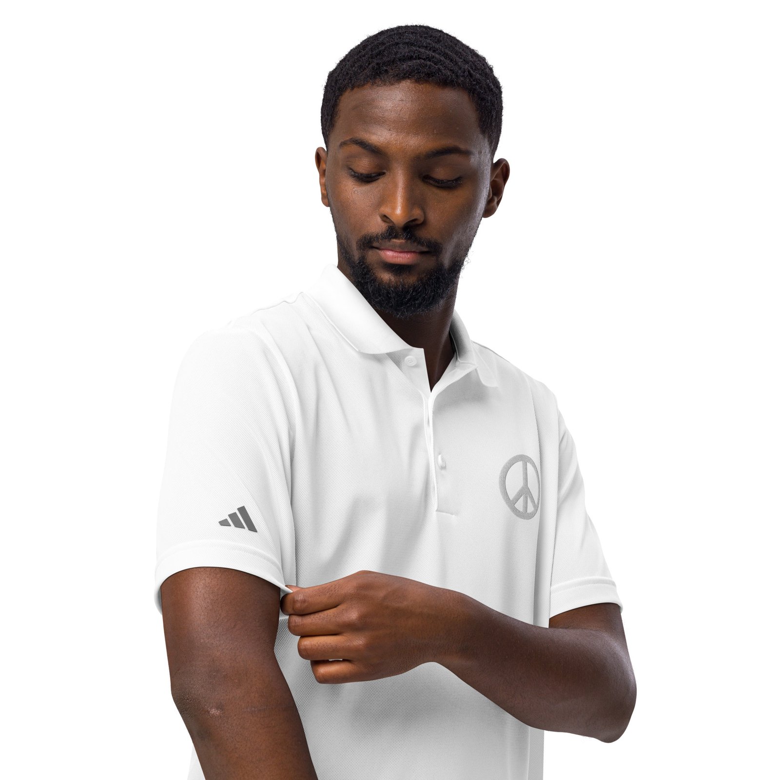 Embroidered White Peace Sign on White Adidas Sport Polo - Image 2