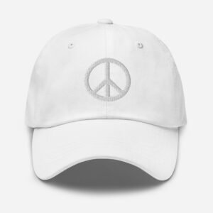 White Embroidered Simple Peace Sign on White Dad hat