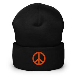 Orange Embroidered Peace Sign Cuffed Beanie