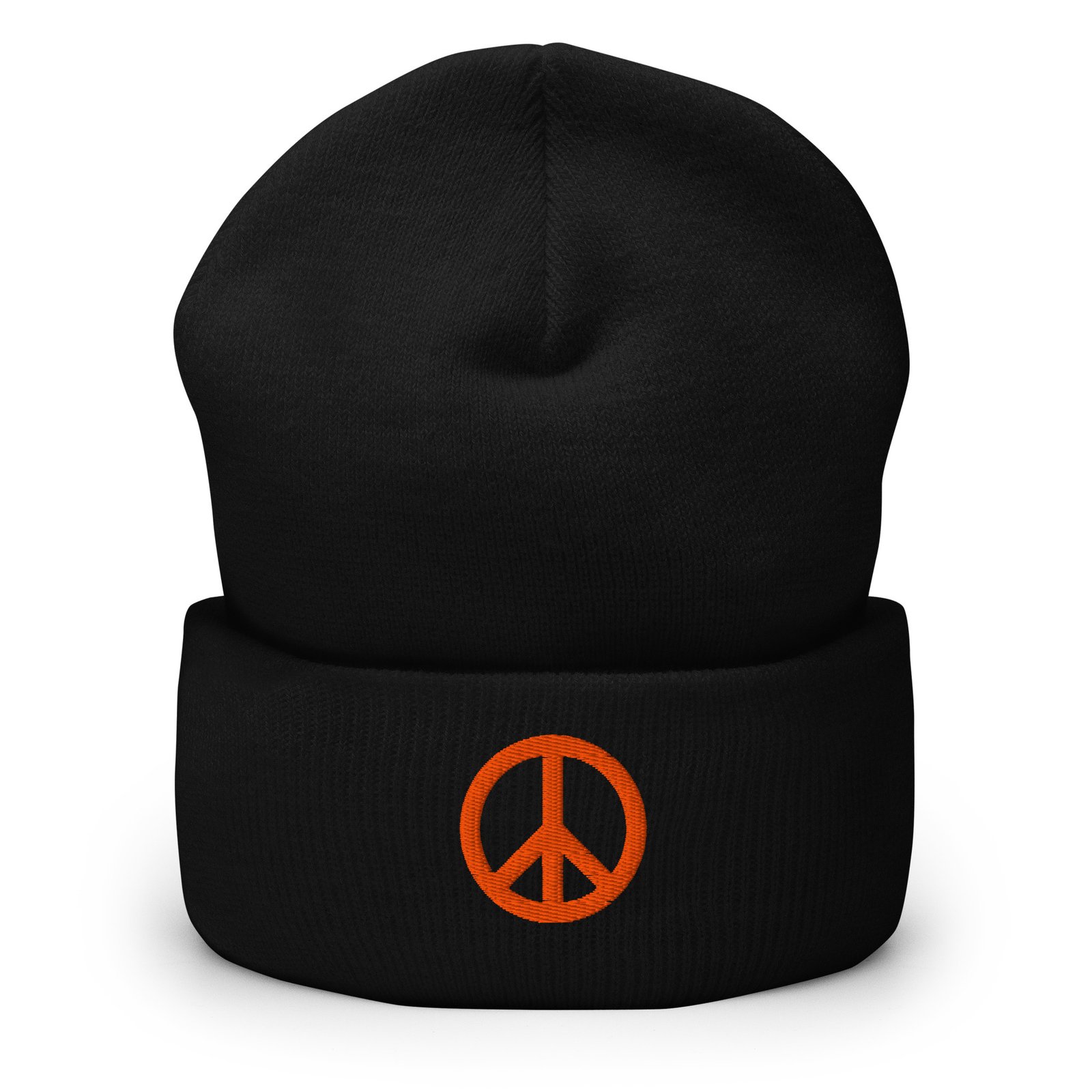 Orange Embroidered Peace Sign Cuffed Beanie