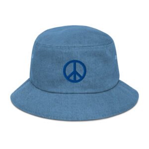 Blue Embroidered Simple Peace Sign on Denim Bucket Hat