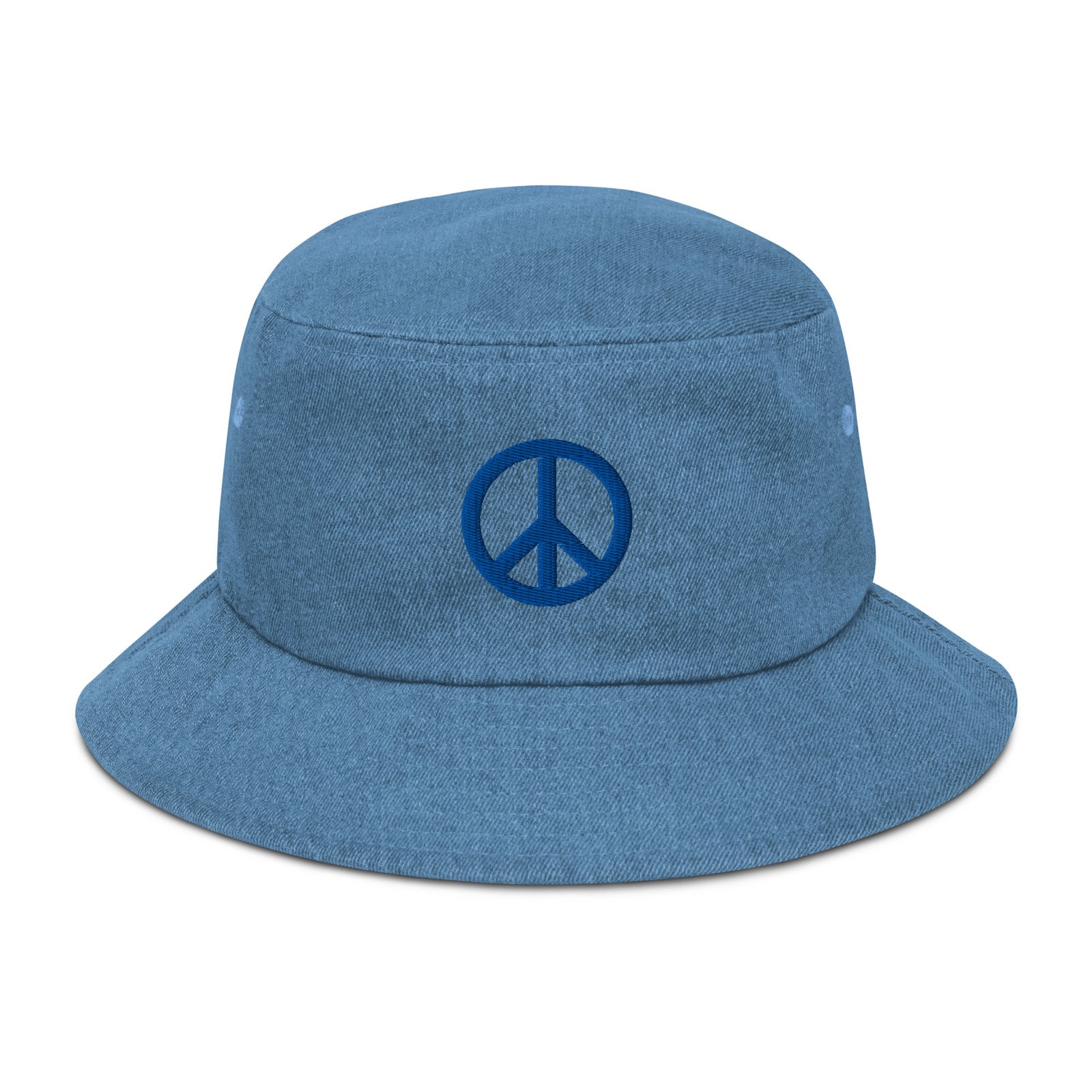 Blue Embroidered Simple Peace Sign on Denim Bucket Hat
