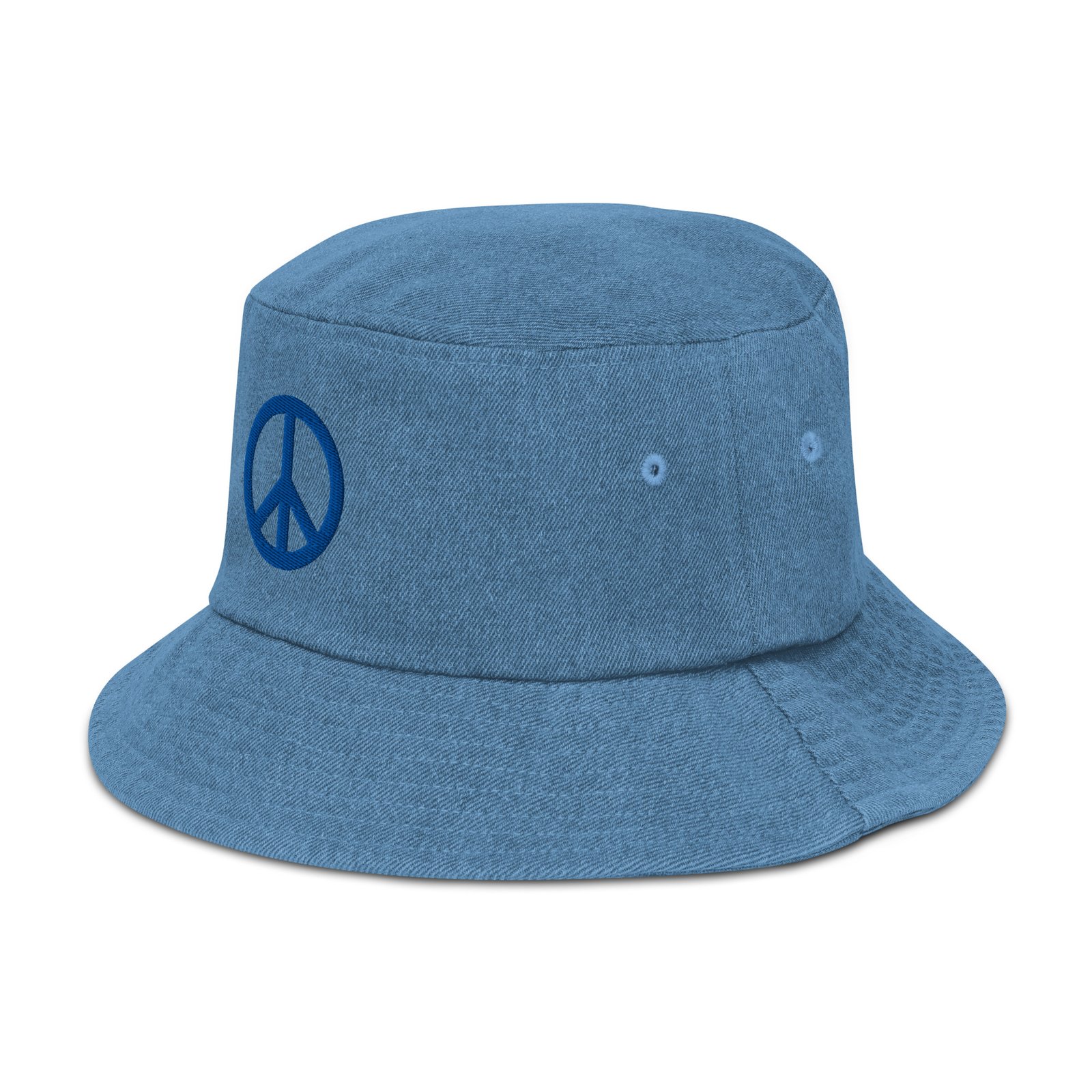 Blue Embroidered Simple Peace Sign on Denim Bucket Hat - Image 4