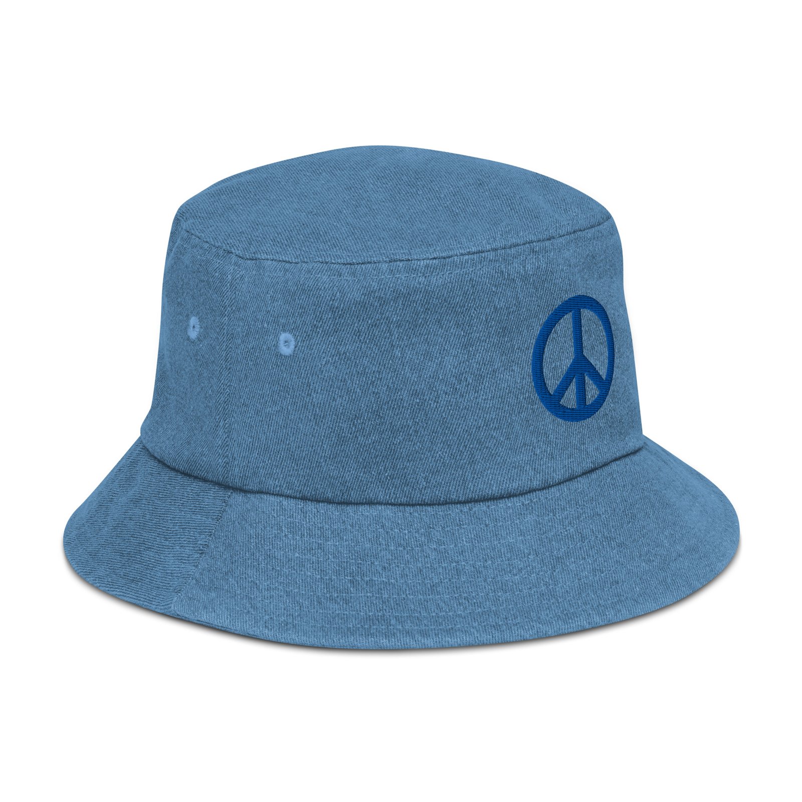 Blue Embroidered Simple Peace Sign on Denim Bucket Hat - Image 3