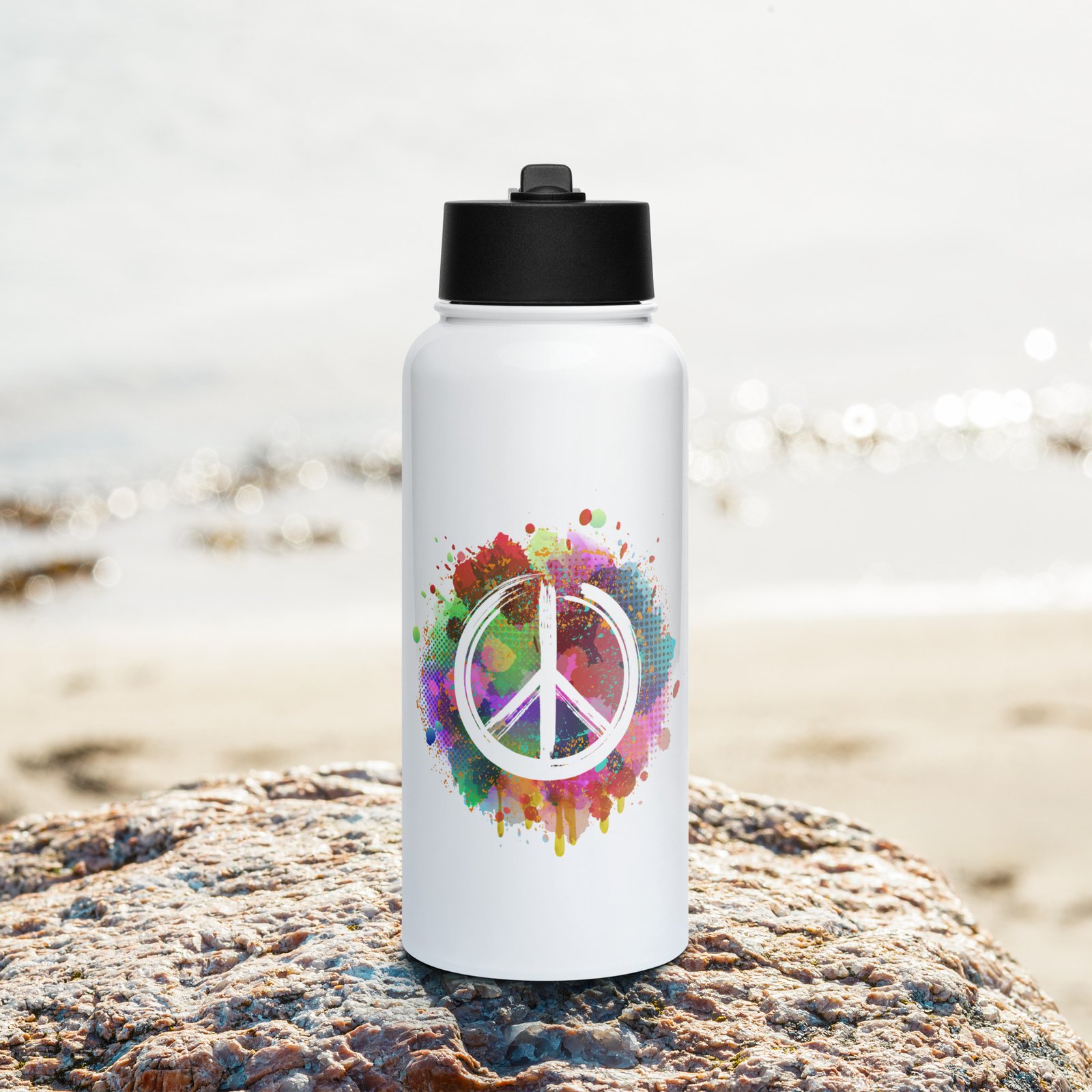 Splatter Peace Sign Stainless steel water bottle with a straw lid