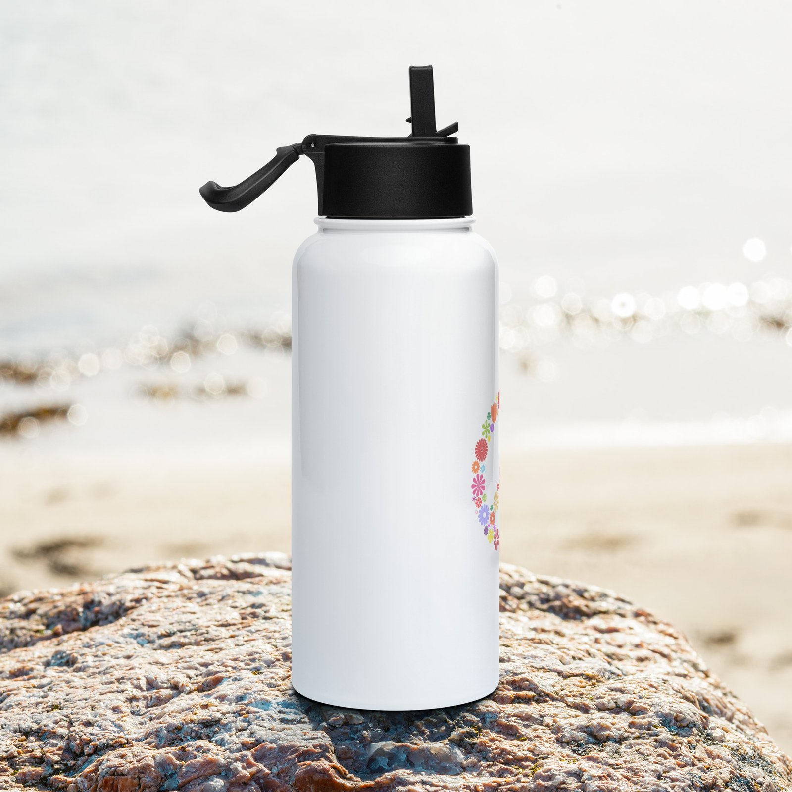 Flower Peace Sign Stainless steel water bottle with a straw lid - Image 2